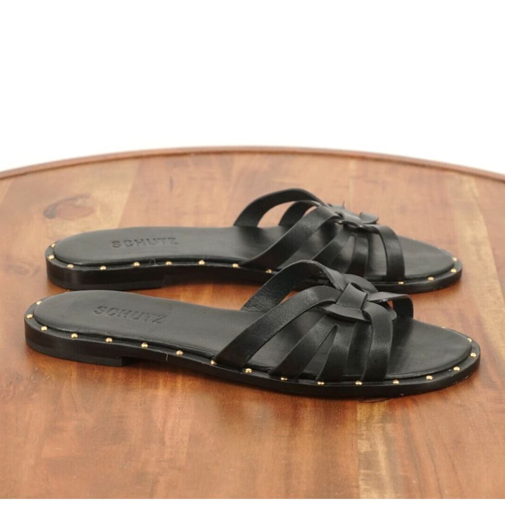 Schutz Womens Phoenix Flats Slide On Sandals Black Leather Gold Studs Size 7.5B